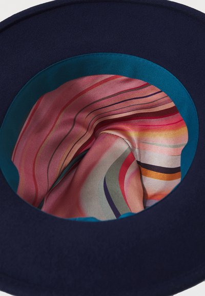Navy felt hat with a smooth, multicolored satin lining featuring wavy stripes in pink, beige, green, and brown. Accented with a turquoise band.