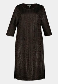 Schwarzes Leopardenmuster-Kleid, halb-transparentes Material, runder Ausschnitt, Dreiviertelärmel, Seitenschlitze und eine lockere Passform.