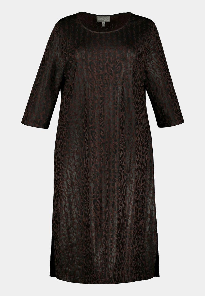 Schwarzes Leopardenmuster-Kleid, halb-transparentes Material, runder Ausschnitt, Dreiviertelärmel, Seitenschlitze und eine lockere Passform.