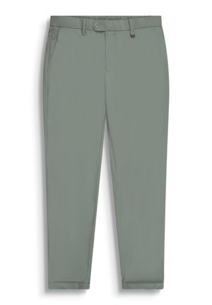 Hellgrüne, zulaufende Hose mit Knopf- und Reißverschluss, Seitentaschen, Gürtelschlaufen und einem kleinen Clip am Bund.