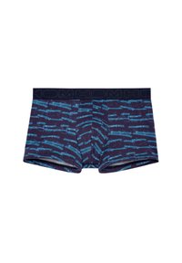 Men's boxer briefs in navy with a patterned design of blue stripes and abstract shapes. Elastic waistband featuring brand logo. Soft fabric.