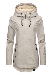 Light grey hooded jacket with a zip front, drawstrings, and black accents. Features two side pockets and a slightly longer back hem.