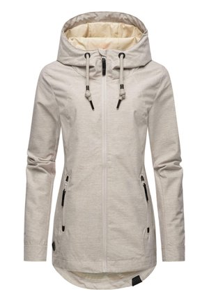 Veste à capuche gris clair avec une fermeture éclair sur le devant, des cordons de serrage et des accents noirs. Elle dispose de deux poches latérales et d'un ourlet arrière légèrement plus long.