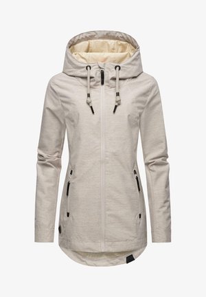 Lichtgrijze hooded jacket met een ritssluiting aan de voorkant, trekkoorden en zwarte accenten. Bevat twee zijzakken en een iets langere achterzoom.
