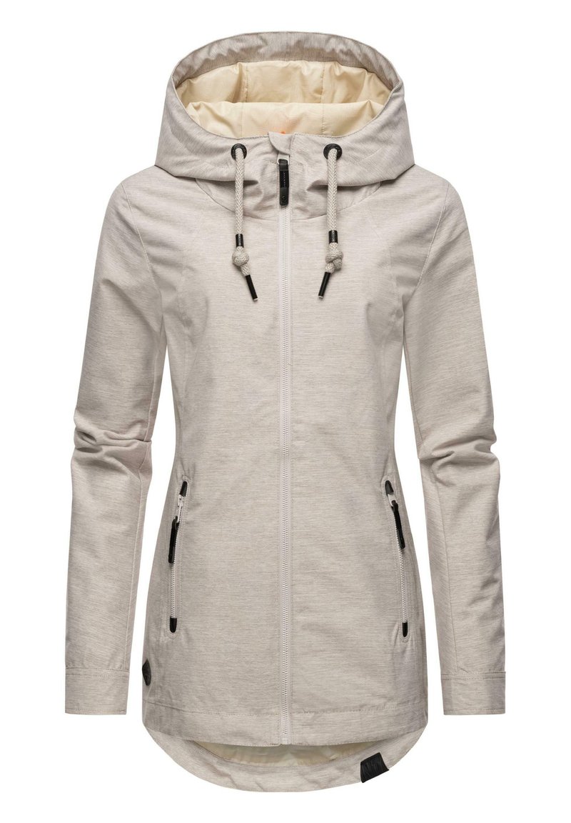 Light grey hooded jacket with a zip front, drawstrings, and black accents. Features two side pockets and a slightly longer back hem.