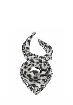 Black, white, and gray animal print square scarf, folded with a loose knot at the top on a white background.