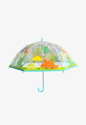 Clear umbrella featuring colorful dinosaur patterns in green, orange, and yellow, with a blue plastic handle and trim.