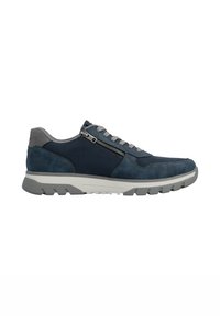 Sneaker blu navy in camoscio e mesh con dettagli grigi, cerniera laterale e suola bianca robusta per una buona aderenza. Design leggero.