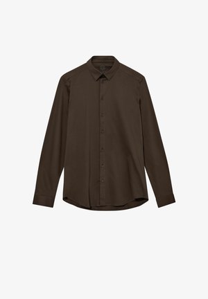 Camicia marrone a maniche lunghe con bottoni, dotata di colletto classico e realizzata in tessuto liscio. Presenta un design a cucitura e chiusura con bottoni standard.