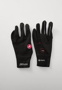Sorte sykkelhansker med en glatt ytterflate, teksturert håndflate med gripevinker, og logo detaljer i rødt og hvitt. Inkluderer Windstopper-teknologi.