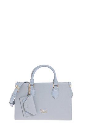 Borsa a mano azzurro chiaro con texture, due manici, tracolla removibile, porta carte allegato e piccolo logo dorato sul davanti.