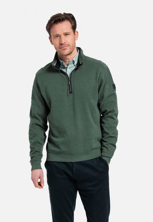 Groene kwart-rits sweatshirt gemaakt van zachte stof, voorzien van een zwarte rits en een gestructureerde kraag. Draagt over een gestreept shirt.
