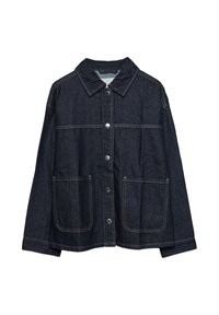 Jeans jakna u tamnoplavoj boji s oštrim ovratnikom, gumbima na pritisak, dvije velike prednje džepove i kontrastnim šavovima. Opušteni kroj, dugi rukavi.