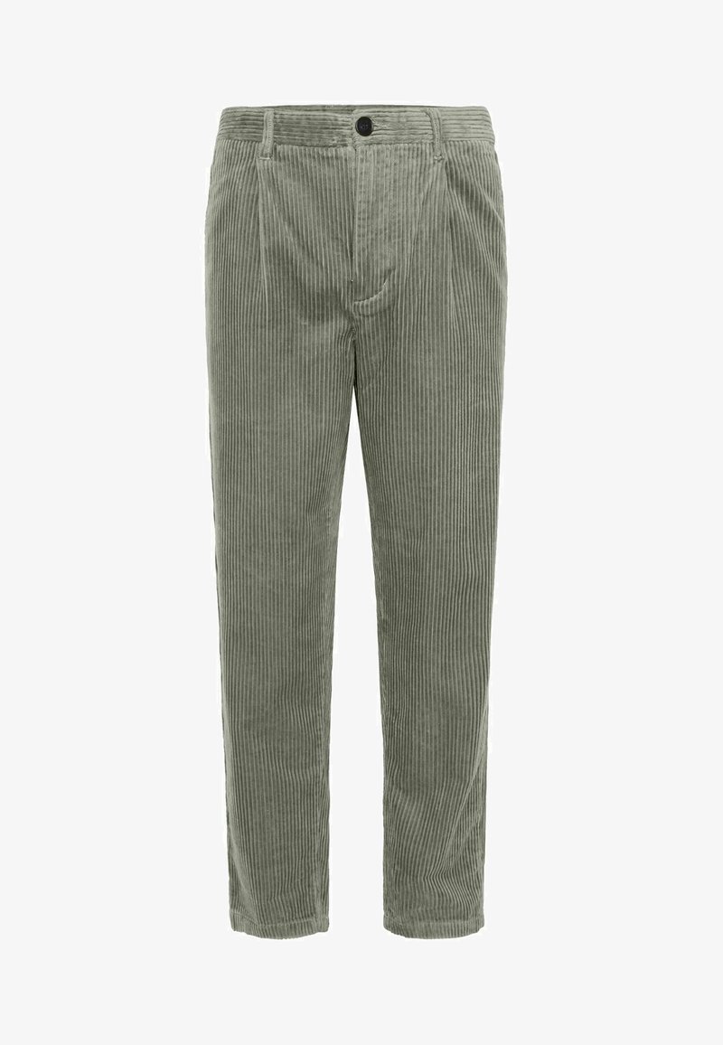 Zelene kordura hlače, s vertikalnom rebrastom teksturom, prednjim džepovima, kopčanjem na dugme i suženim nogavicama.