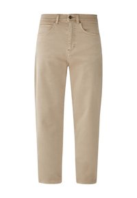 Pantalones de algodón beige con corte recto, cinco bolsillos y cierre de botón. Presentan costuras visibles y un diseño clásico.