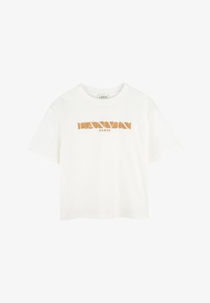 T-shirt en coton blanc à manches courtes et col rond, avec un logo "LANVIN PARIS" en beige imprimé sur la poitrine.