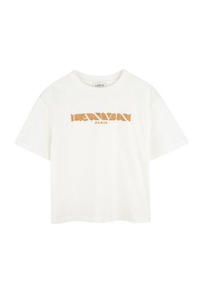Biała bawełniana koszulka z krótkim rękawem i okrągłym dekoltem, z beżowym logo "LANVIN PARIS" nadrukowanym na klatce piersiowej.