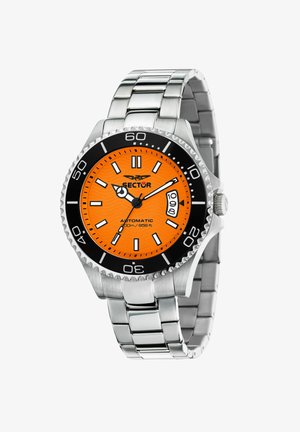 Herenhorloge met een roestvrijstalen band, oranje wijzerplaat, zwarte bezel, witte uurmarkeringen en datumaanduiding. Waterbestendig tot 500m. Automatische beweging.