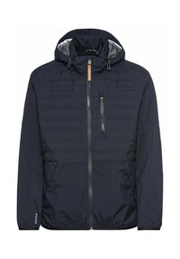 Navy blue lightweight jacket with a zip front, adjustable hood, and side pockets. Features horizontal quilted design and reflective accents.
