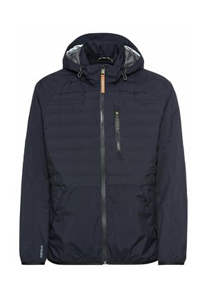 Marineblaue leichte Jacke mit Reißverschluss, verstellbarer Kapuze und seitlichen Taschen. Verfügt über ein horizontales Steppmuster und reflektierende Akzente.