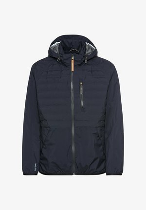 Navy blue lightweight jacket with a zip front, adjustable hood, and side pockets. Features horizontal quilted design and reflective accents.