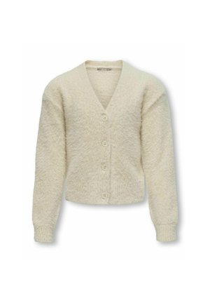 Kremowy kardigan o miękkiej teksturze, z dekoltem w serek, posiadający pięć guzików z przodu oraz długie rękawy zakończone prążkowanymi mankietami.