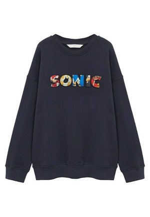 Marineblå sweatshirt med lange ærmer og farverig "SONIC" tekst med karakterillustrationer på brystet.