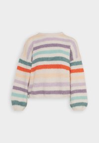 Stripet sweater i blødt strik med pastel farver som fløde, mint, lavendel og orange. Rundet halsudskæring og ballonærmer.