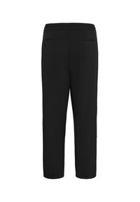 Pantalons noirs avec une coupe droite, dotés de deux poches arrière et d'une texture lisse. La taille est plate et ajustable.
