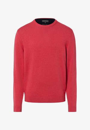 Pull en tricot rouge avec col rond, manches longues, poignets et ourlet côtelés. Le tissu semble doux et lisse, sans motifs ni accents.