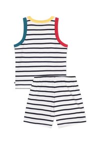 Set di top a righe e pantaloni corti in bianco con righe blu navy. Il top presenta un bordo in verde acqua, rosso e giallo; materiale in cotone morbido.