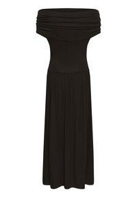 Sort stropløs maxikjole med rynket detalje ved halsudskæringen og en figursyet overdel, der glider over i et samlet skørt.