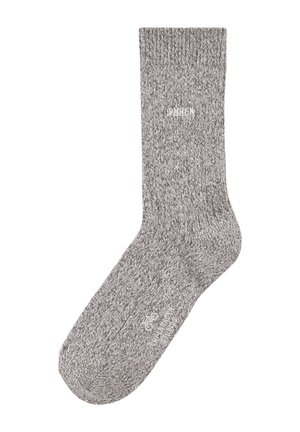 Single grey marled crew sock with ribbed texture and white printed text on foot and leg sections.