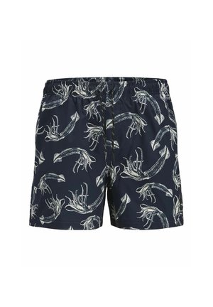 Marinefarbene Schwimmshorts mit einem weißen Tintenfisch-Muster, elastischem Bund und Kordelzug. Hergestellt aus leichtem, schnell trocknendem Material.