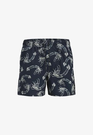 Pantaloni da bagno blu navy con motivo di calamari bianchi, cintura elastica e lacci. Realizzati in tessuto leggero e ad asciugatura rapida.