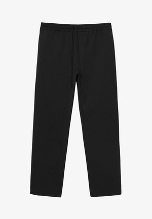 Čierne teplákové nohavice s rovnými nohavicami, elastickým pásom a šnúrkami, určené na bežné nosenie.