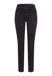 Zwarte slim-fit jeans van rekbaar materiaal, met vijf zakken, een knoopsluiting en een gladde textuur met minimale stikseldetails.