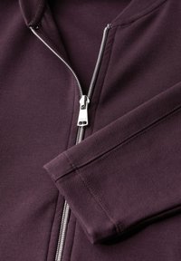 Close-up of a dark purple zip-up hoodie showcasing the zipper, collar, and sleeve detail, highlighting its fabric texture.