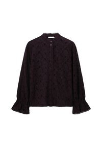 Black lace long-sleeve blouse with button-down front, high collar, and ruffled cuffs, displayed on a white background.
