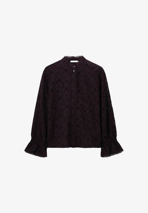 Black lace long-sleeve blouse with button-down front, high collar, and ruffled cuffs, displayed on a white background.