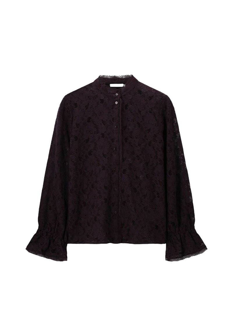 Black lace long-sleeve blouse with button-down front, high collar, and ruffled cuffs, displayed on a white background.