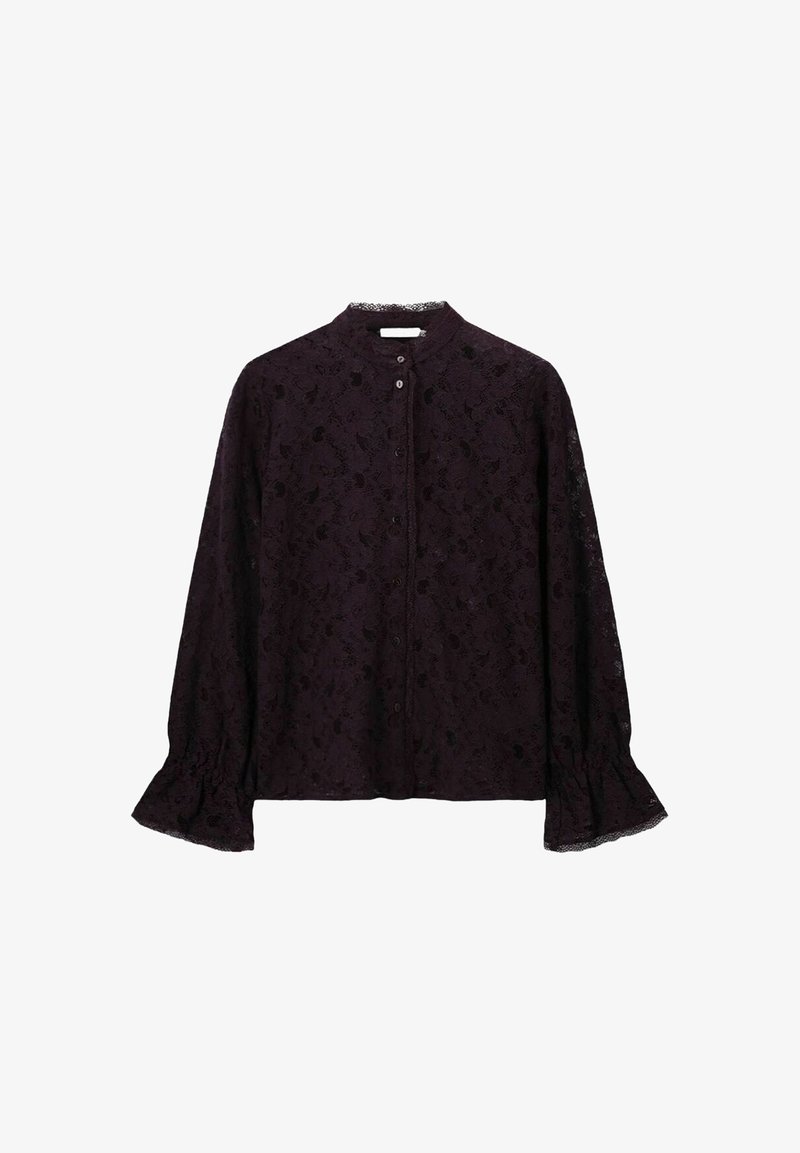 Black lace long-sleeve blouse with button-down front, high collar, and ruffled cuffs, displayed on a white background.