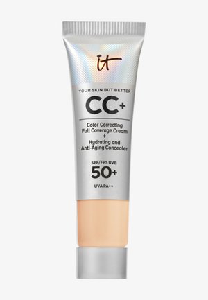 Tube van IT Cosmetics CC+ Kleurcorrigerende Volledige Dekking Crème en anti-verouderingsconcealer met SPF 50+ en UVA PA++ bescherming.