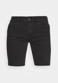 Pantalones cortos de mezclilla negros con botón delantero, cremallera, trabillas para cinturón y diseño de cinco bolsillos sobre un fondo blanco.