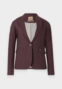 Blazer su misura bordeaux con chiusura a un bottone, due tasche frontali e rivestimento interno trapuntato. Presenta un sottile logo argentato.