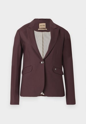 Burgundy tailored blazer with a single button closure, two front pockets, and a quilted interior lining. Features a subtle silver logo.