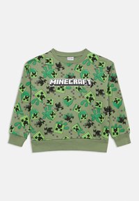 Zielona bluza z motywem Minecraft, prezentująca creepery, bloki i wzory. Żebrowane mankiety i dół. Miła w dotyku tkanina.