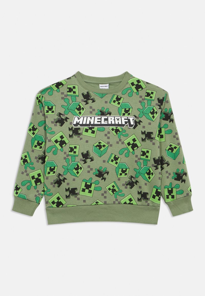 Zielona bluza z motywem Minecraft, prezentująca creepery, bloki i wzory. Żebrowane mankiety i dół. Miła w dotyku tkanina.