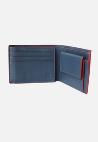 Portafoglio RFID blu con accenti rossi, dotato di numerosi scomparti per carte e design pieghevole. Texture liscia, forma compatta e layout funzionale.