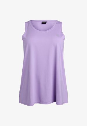 Top sin mangas de color lila claro con escote redondeado, hecho de una tela suave, con un diseño ligeramente acampanado y aberturas laterales.